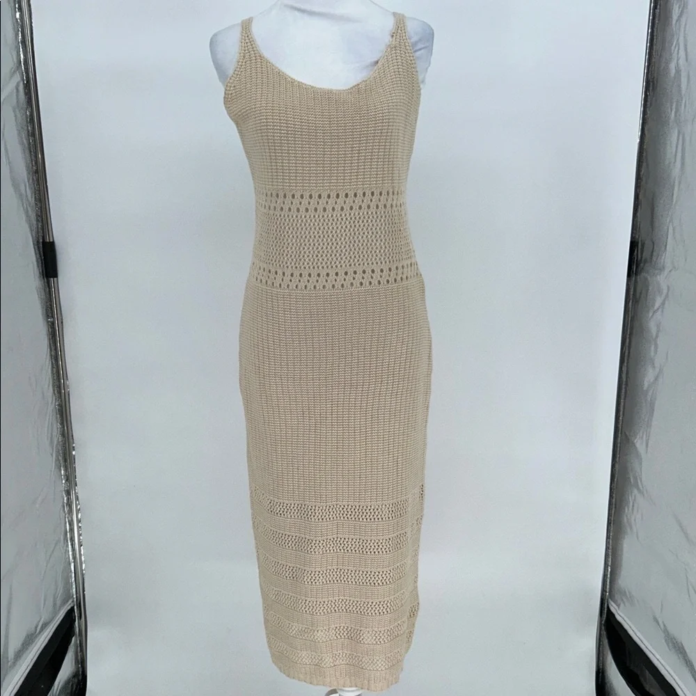 Lulus Beige Crochet Knit Midi Dress Sleeveless Bodycon Small NWT - Picture 1 of 8